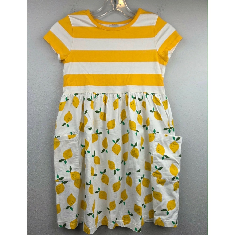 Hanna Andersson Kids Yellow White Striped Lemon Print Cotton Pocket Dress